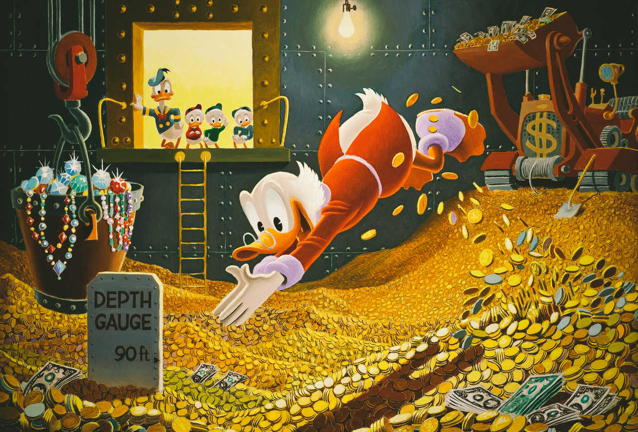 Uncle Scrooge diving in a his vault of gold coins.