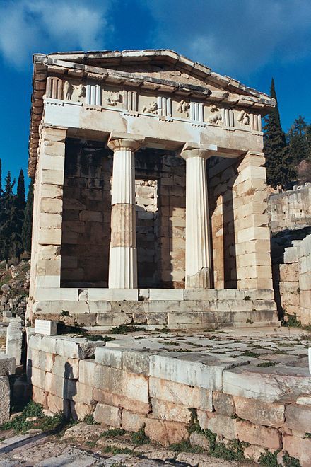 **Treasury of Athens at Delphi**, source [Wikipedia](https://en.wikipedia.org/wiki/Treasury#/media/File:Treasury_of_Athens_at_Delphi.jpg), photo by Sam Korn.